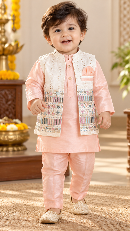 Soft & Breathable - Baby & Toddler - Elegant Ethnic - Embroidered Jacket 3-Piece Blush Pink Kurta Set