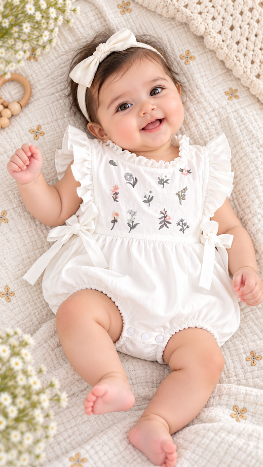 Soft & Breathable - Baby & Toddler - 100% Organic Cotton White Floral Embroidered Baby Girl Romper