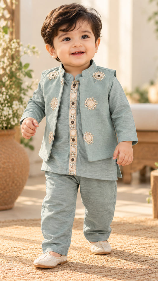 Soft & Breathable - Baby & Toddler - Elegant Ethnic - Sage Blue Mirror Work Kurta Jacket Set