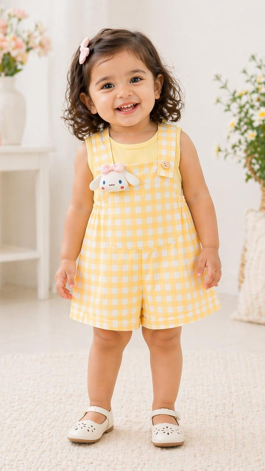 Elegant 3D Cute & Comfy Girls Printed Yellow Gingham Dungaree with Tee