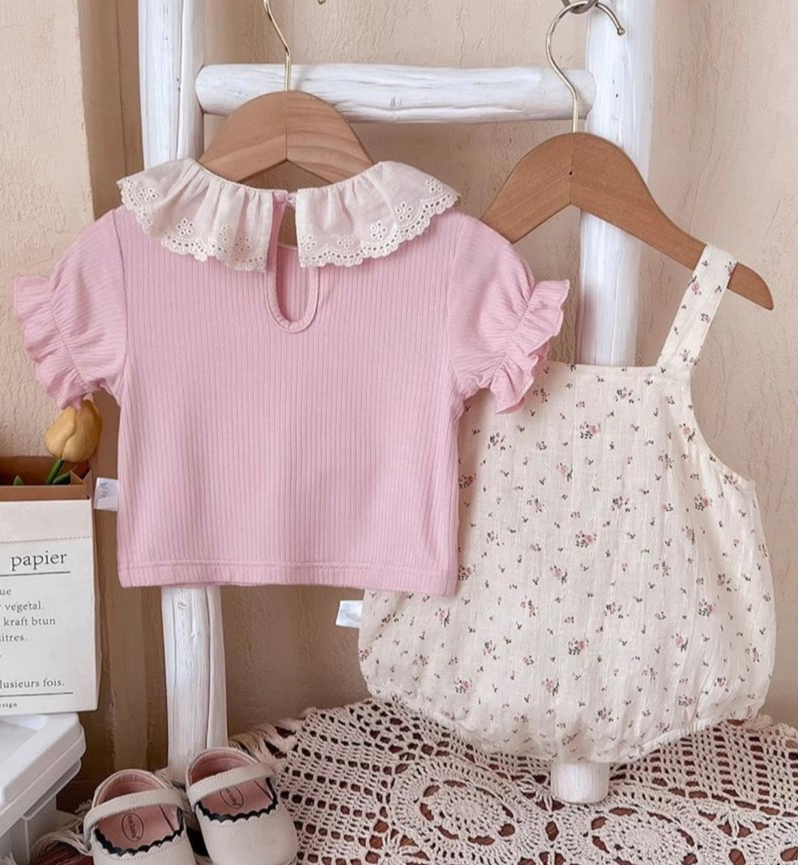 Soft & Breathable - Baby Girl Floral Romper Set with Peter Pan Collar Pink Ribbed Top