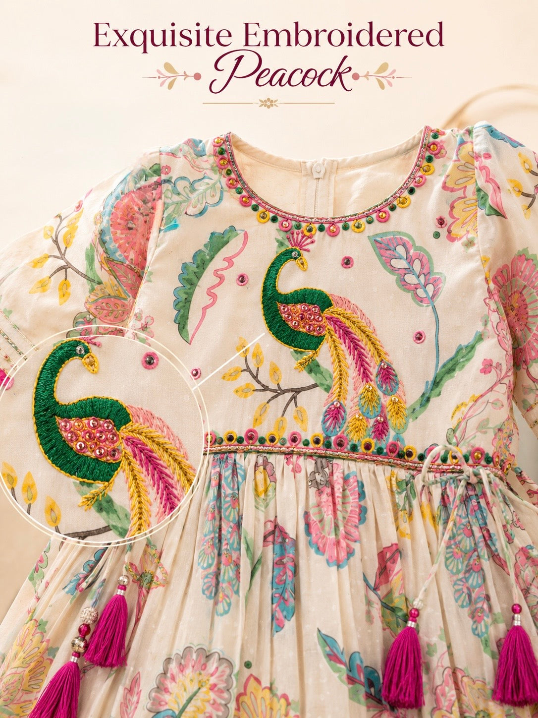 Trendy Girls Embroidered Peacock Blossom Festive Co-Ord Set