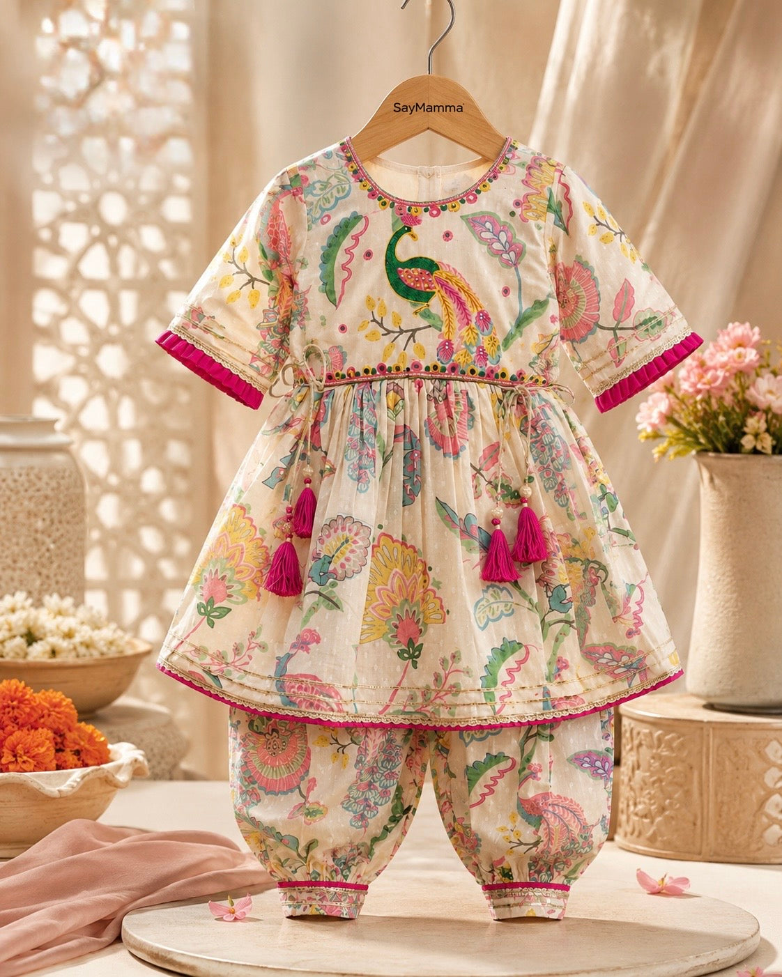 Trendy Girls Embroidered Peacock Blossom Festive Co-Ord Set