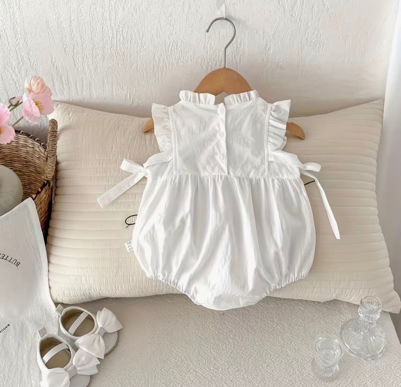 Soft & Breathable - Baby & Toddler - 100% Organic Cotton White Floral Embroidered Baby Girl Romper