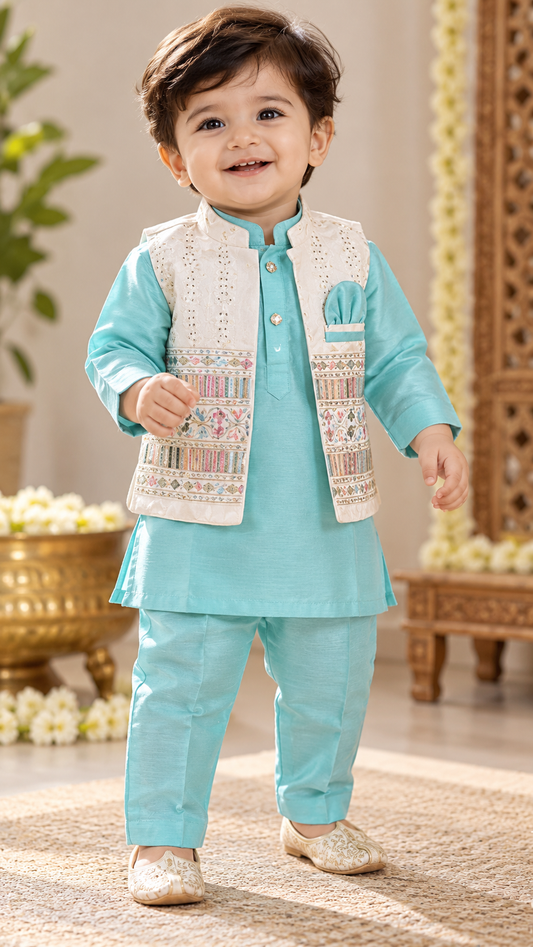 Soft & Breathable - Baby & Toddler - Elegant Ethnic - Embroidered Jacket 3-Piece Sea Blue Kurta Set