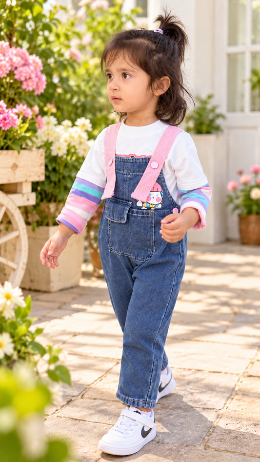 Denim Love - Girls Printed Soft Denim Dungaree with T-Shirt