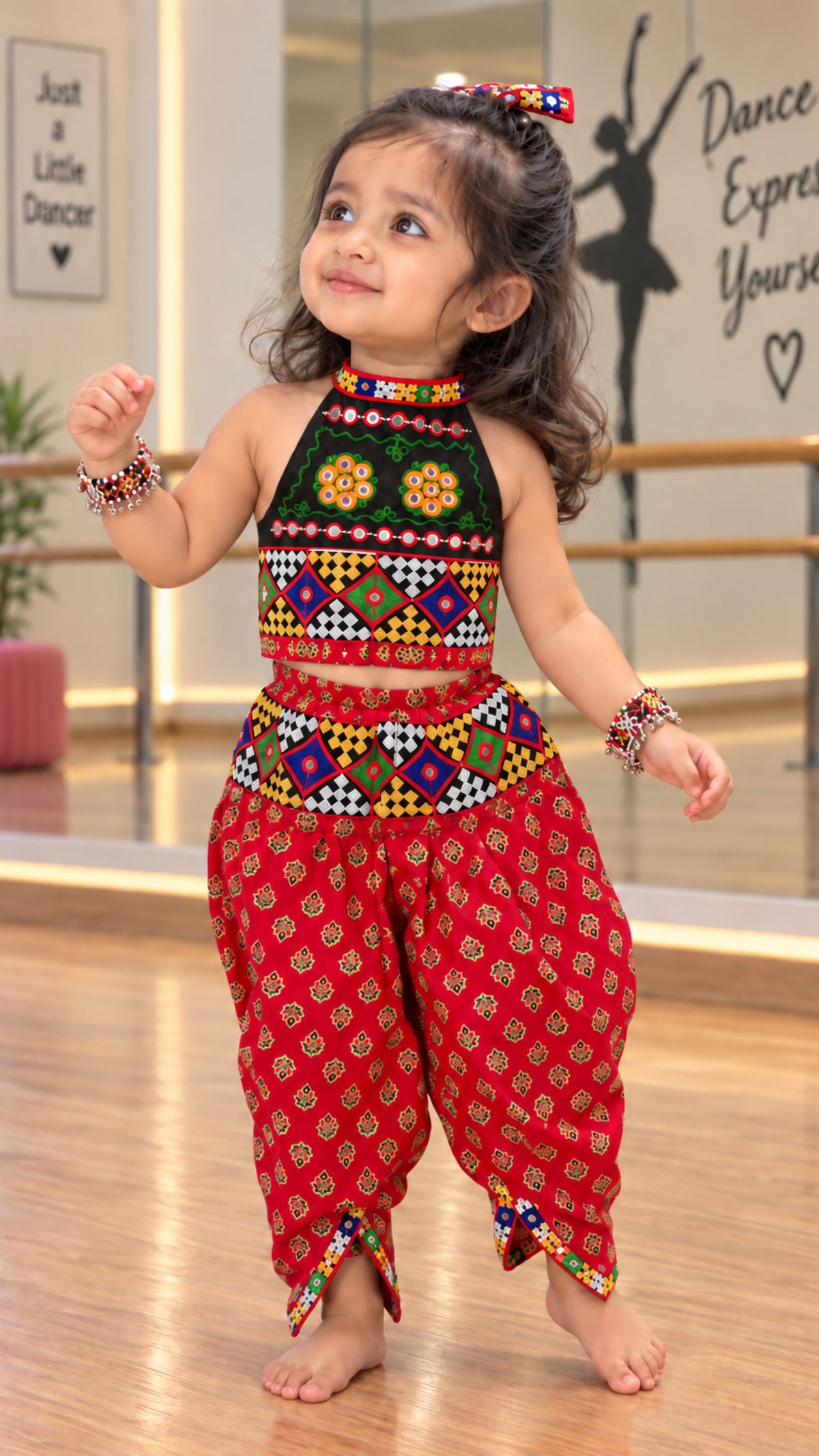 Girls Soft & Comfortable - Navratri Set with Matching Bow, Bangle and Glasses - Red & Black