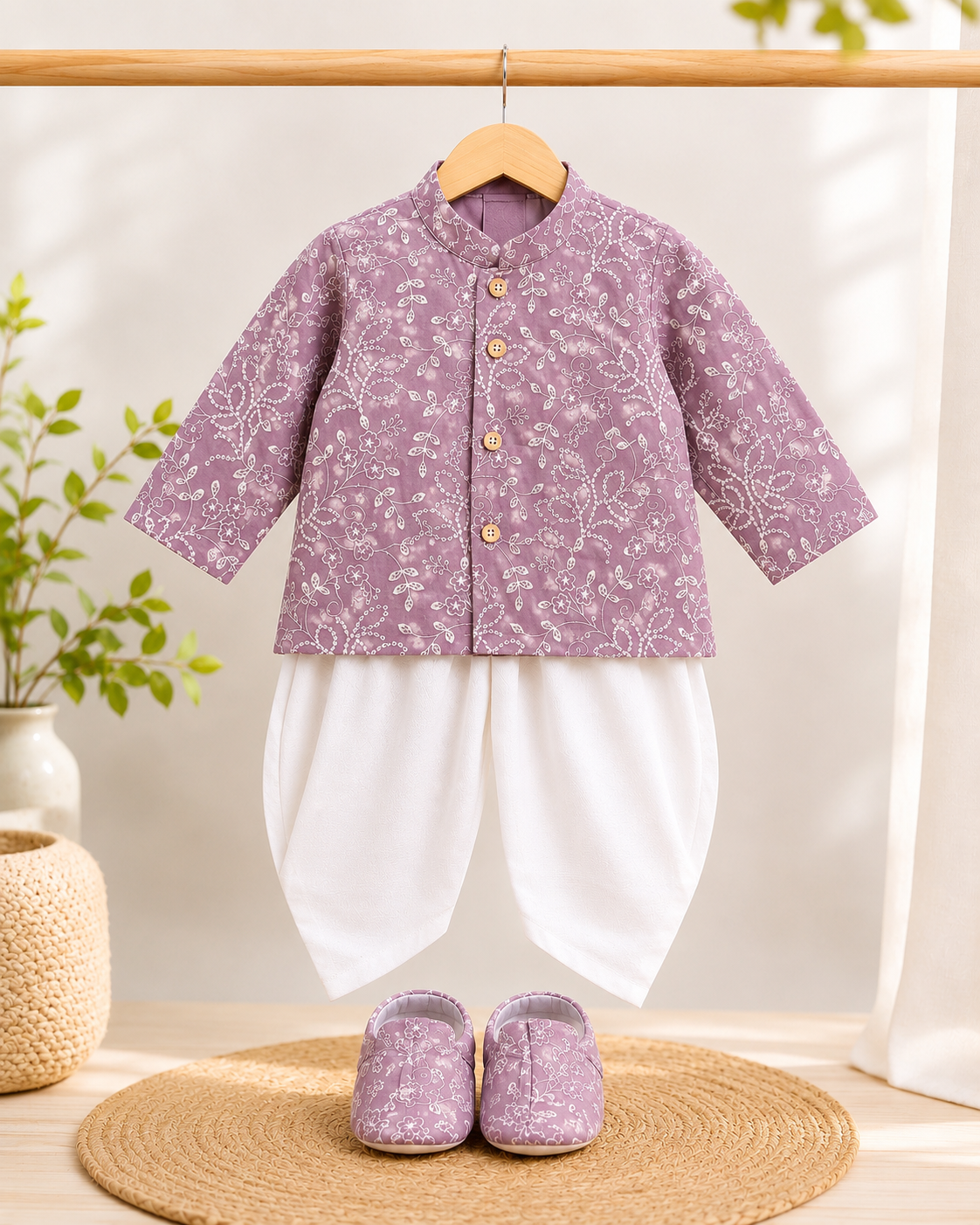 Soft & Breathable - Baby & Toddler - Ethnic - Lilac Bloom Lavender Kurta Set with Matching Booties