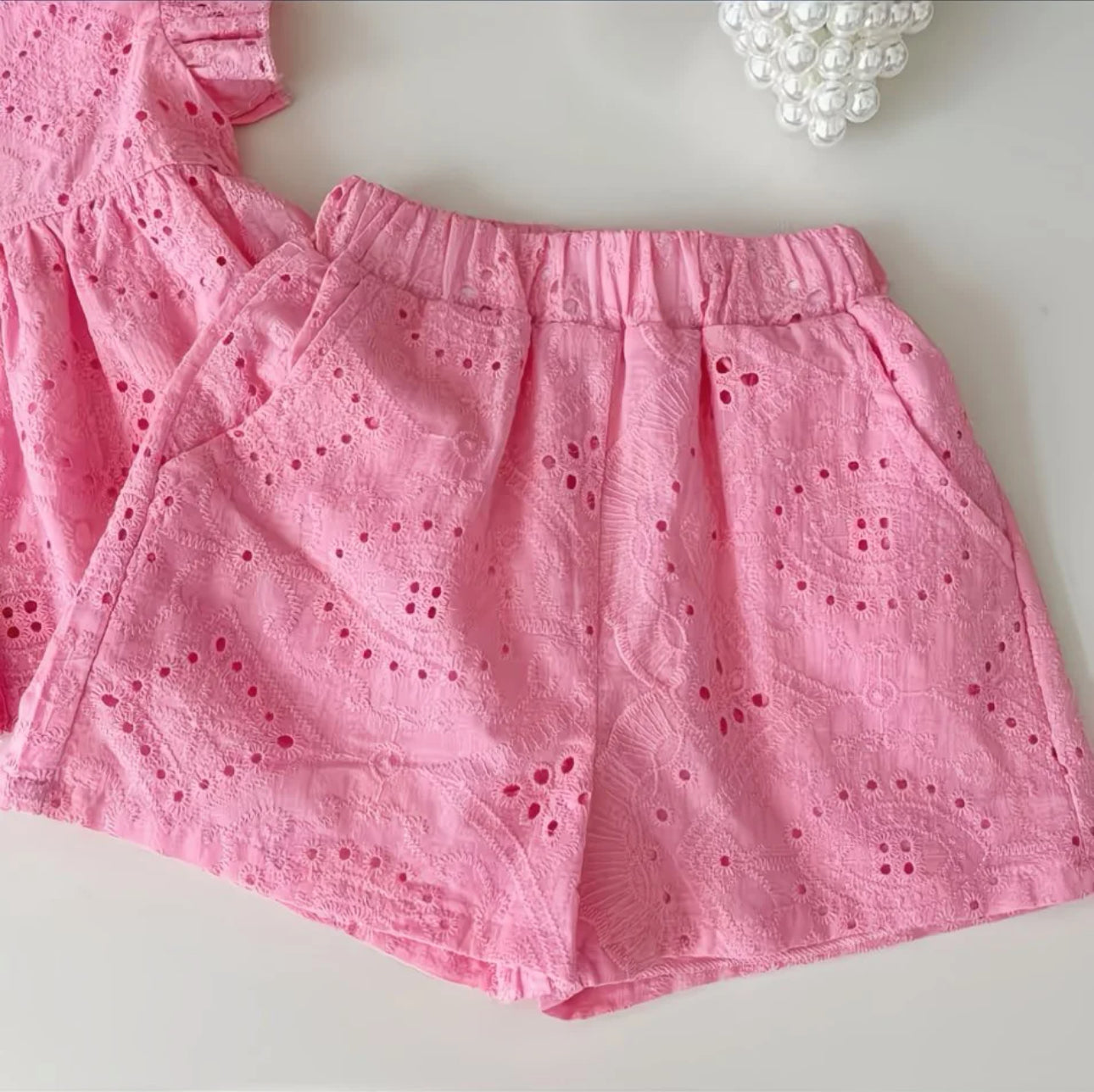 Girls Pink Eyelet Summer Co-Ord Set