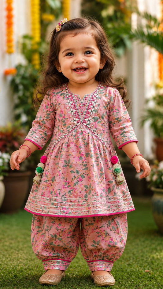 Girls Soft Ethnic - Pink Petal Embroidered Set