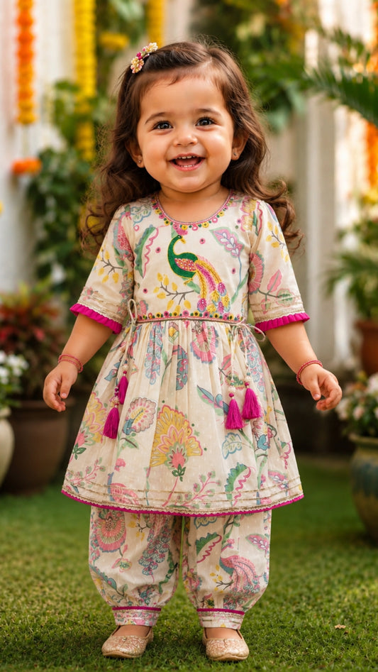 Girls Soft Ethnic - Embroidered Peacock Blossom Festive Set