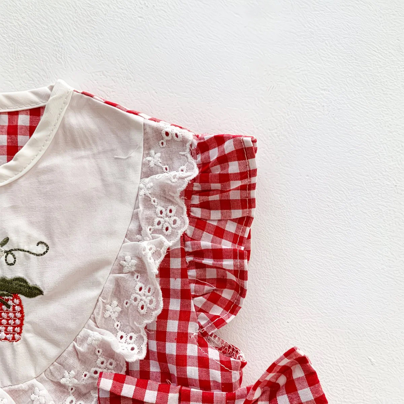 Soft & Breathable - Baby & Toddler -  Elegant Red Gingham Strawberry Embroidered Romper Dress With Matching Hairband
