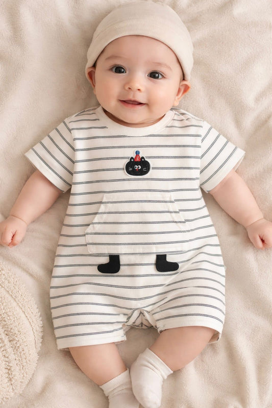 Soft & Breathable - Baby & Toddler - Elegant 3D Cat Striped Print Romper
