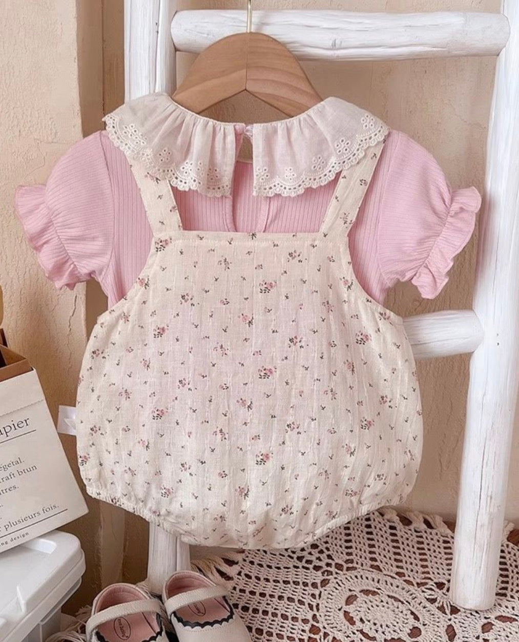 Soft & Breathable - Baby Girl Floral Romper Set with Peter Pan Collar Pink Ribbed Top