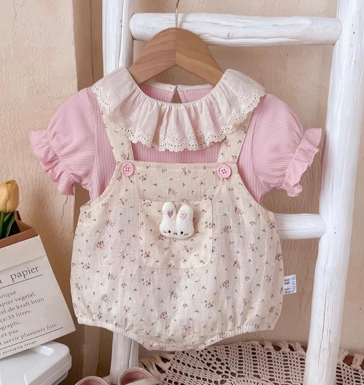 Soft & Breathable - Baby Girl Floral Romper Set with Peter Pan Collar Pink Ribbed Top