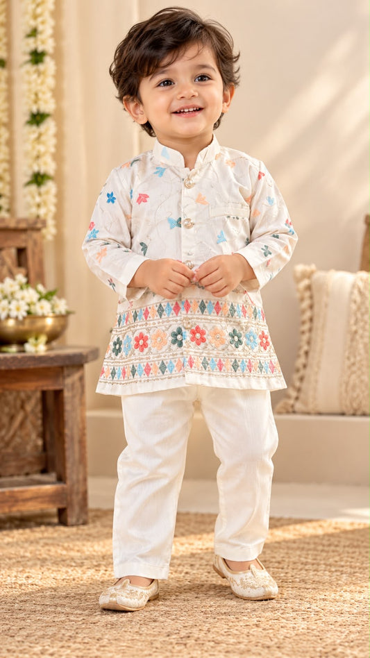 Soft & Breathable - Baby & Toddler - Elegant Ethnic Ivory Bloom Embroidered Kurta Pant Set