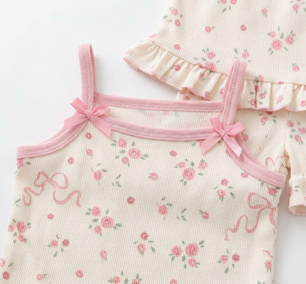 Girls Pink Rose Bow Ruffle Co-ord Set