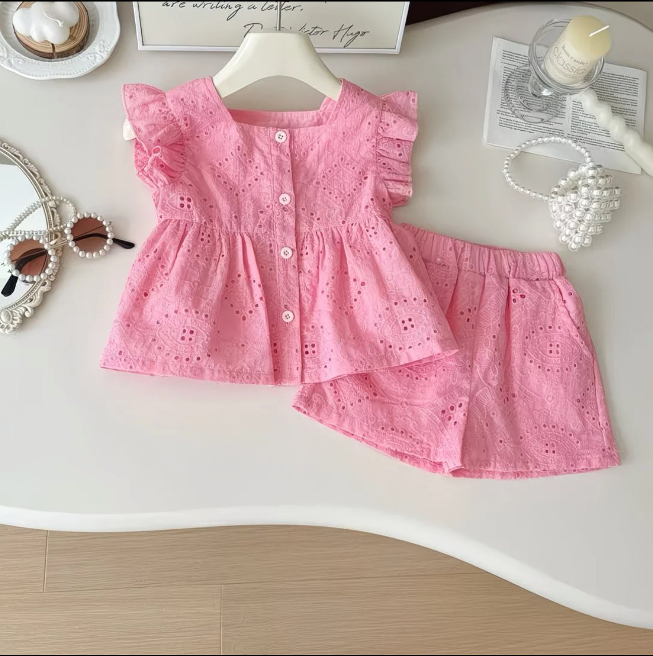 Girls Pink Eyelet Summer Co-Ord Set
