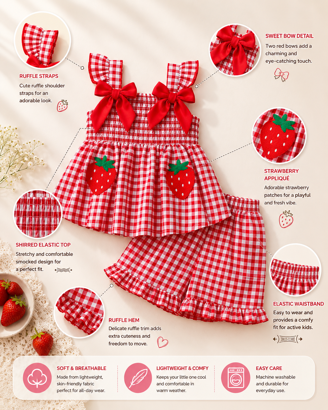 Girls Red Gingham Strawberry Bow Top & Ruffle Shorts Set