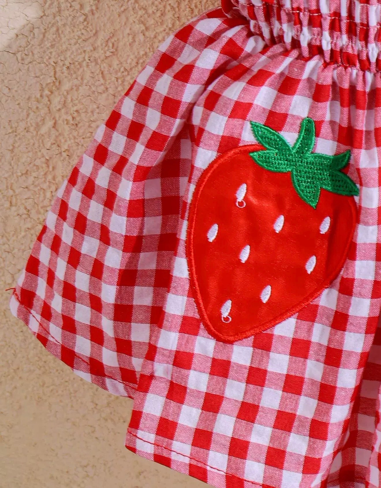 Girls Red Gingham Strawberry Bow Top & Ruffle Shorts Set