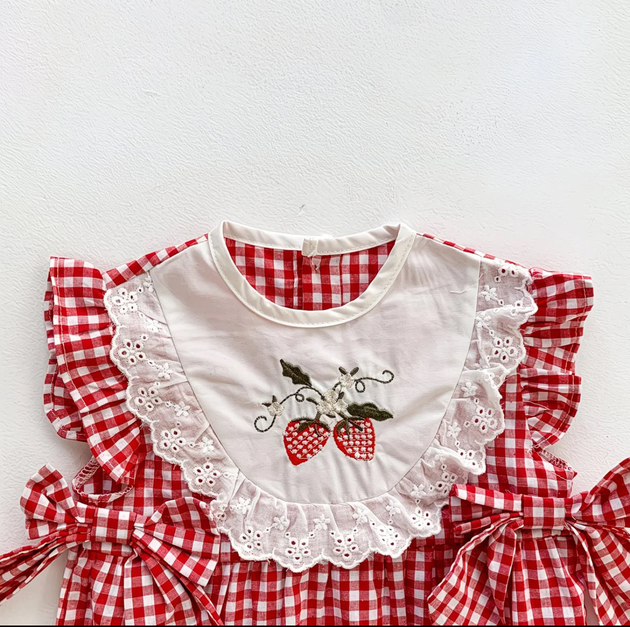 Soft & Breathable - Baby & Toddler -  Elegant Red Gingham Strawberry Embroidered Romper Dress With Matching Hairband