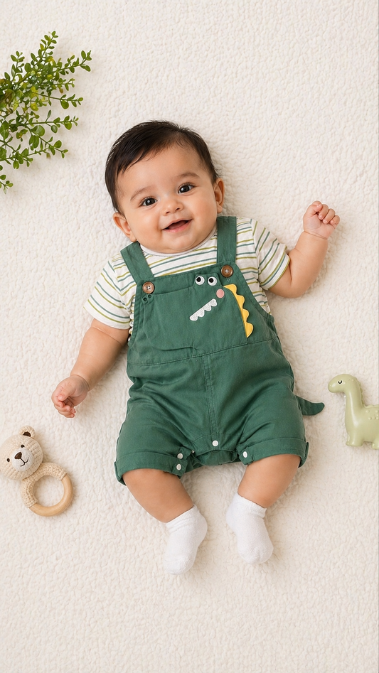 Trendy Soft & Breathable - Baby Boys Dino Dungaree Romper