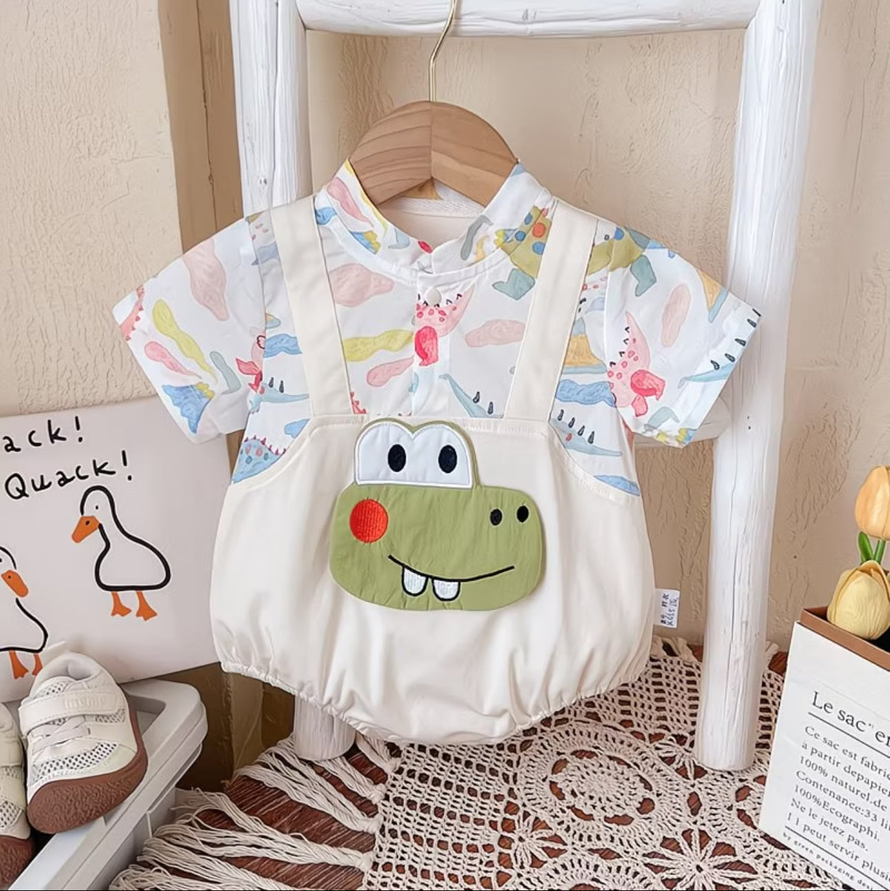 Soft & Breathable - Baby Boys Dino Print Romper Set with Crocodile Pocket Detail