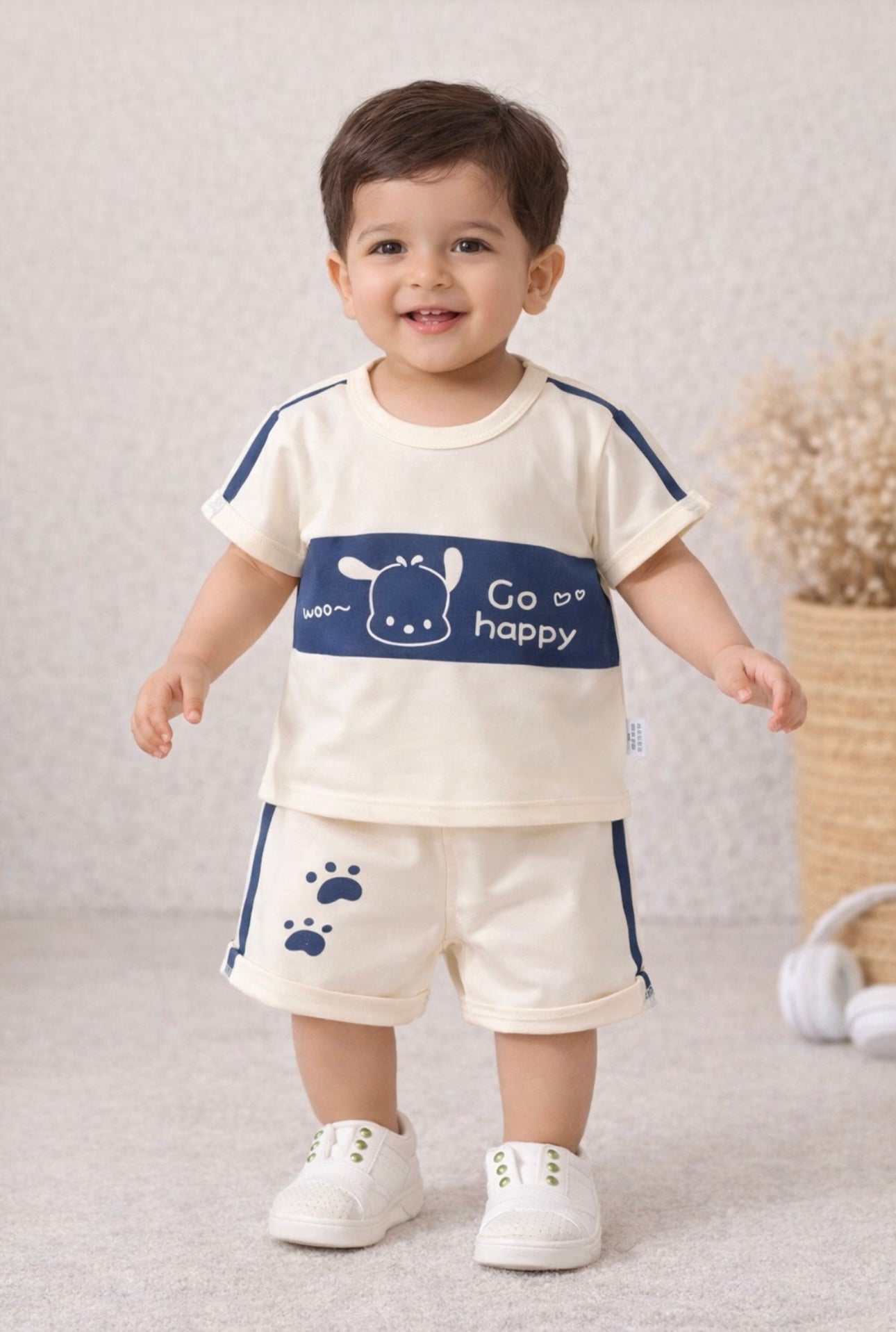 Kids Go Happy Printed T-Shirt & Shorts Co-ord Set – Cream & Blue