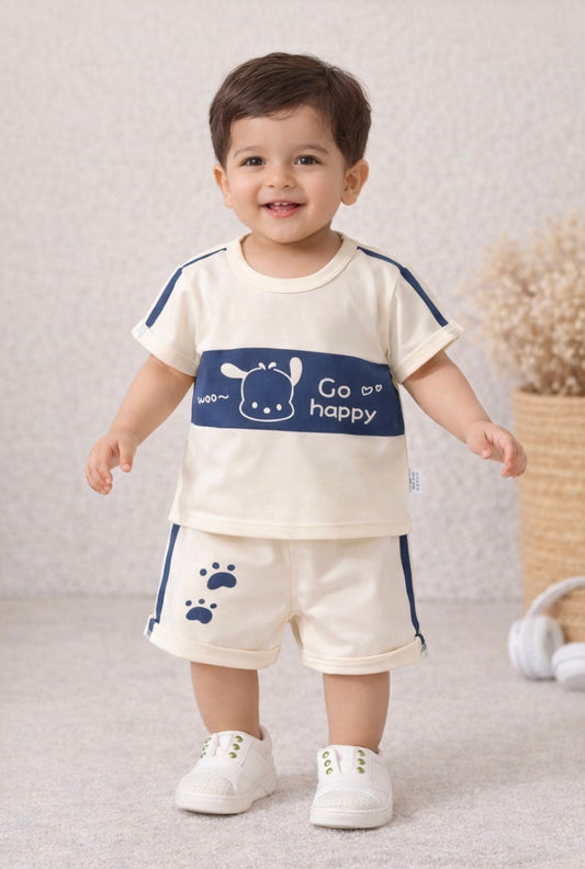 Kids Go Happy Printed T-Shirt & Shorts Co-ord Set – Cream & Blue