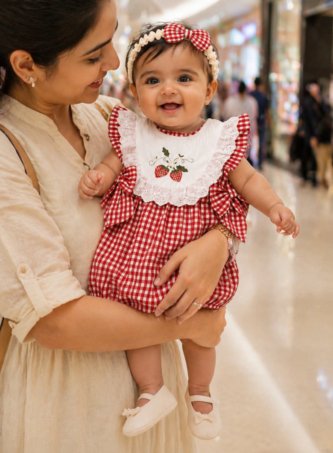 Soft & Breathable - Baby & Toddler -  Elegant Red Gingham Strawberry Embroidered Romper Dress With Matching Hairband