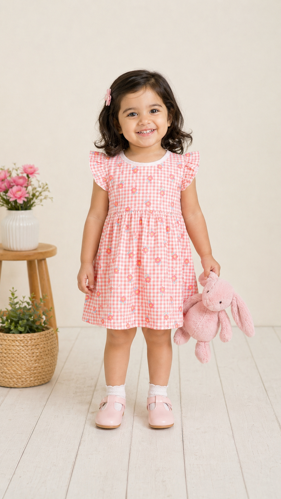 Girls Pink Gingham Floral Baby Dress with Ruffle Sleeves