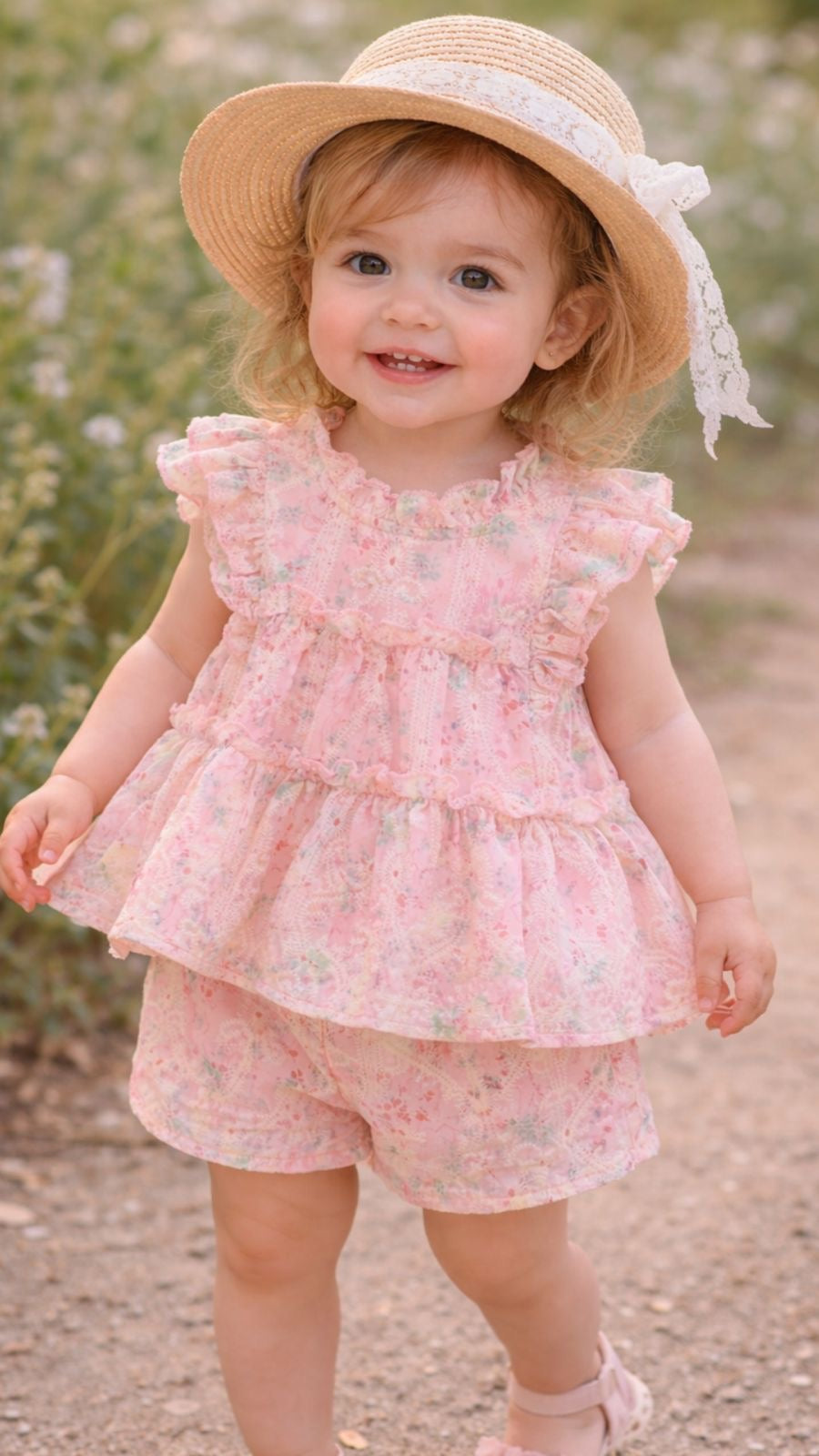 Girls Pink Floral Ruffle Top & Shorts Set