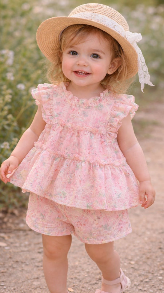 Girls Pink Floral Ruffle Top & Shorts Set
