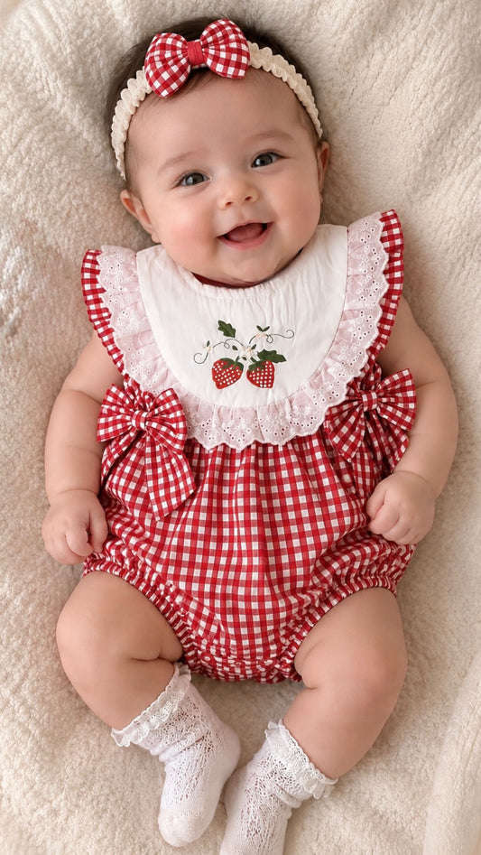 Soft & Breathable - Baby & Toddler -  Elegant Red Gingham Strawberry Embroidered Romper Dress With Matching Hairband