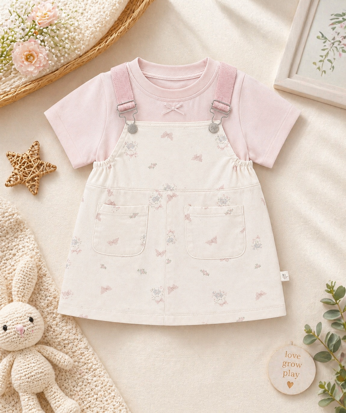 Girls Pink Pinafore Dress Set with Soft Tee