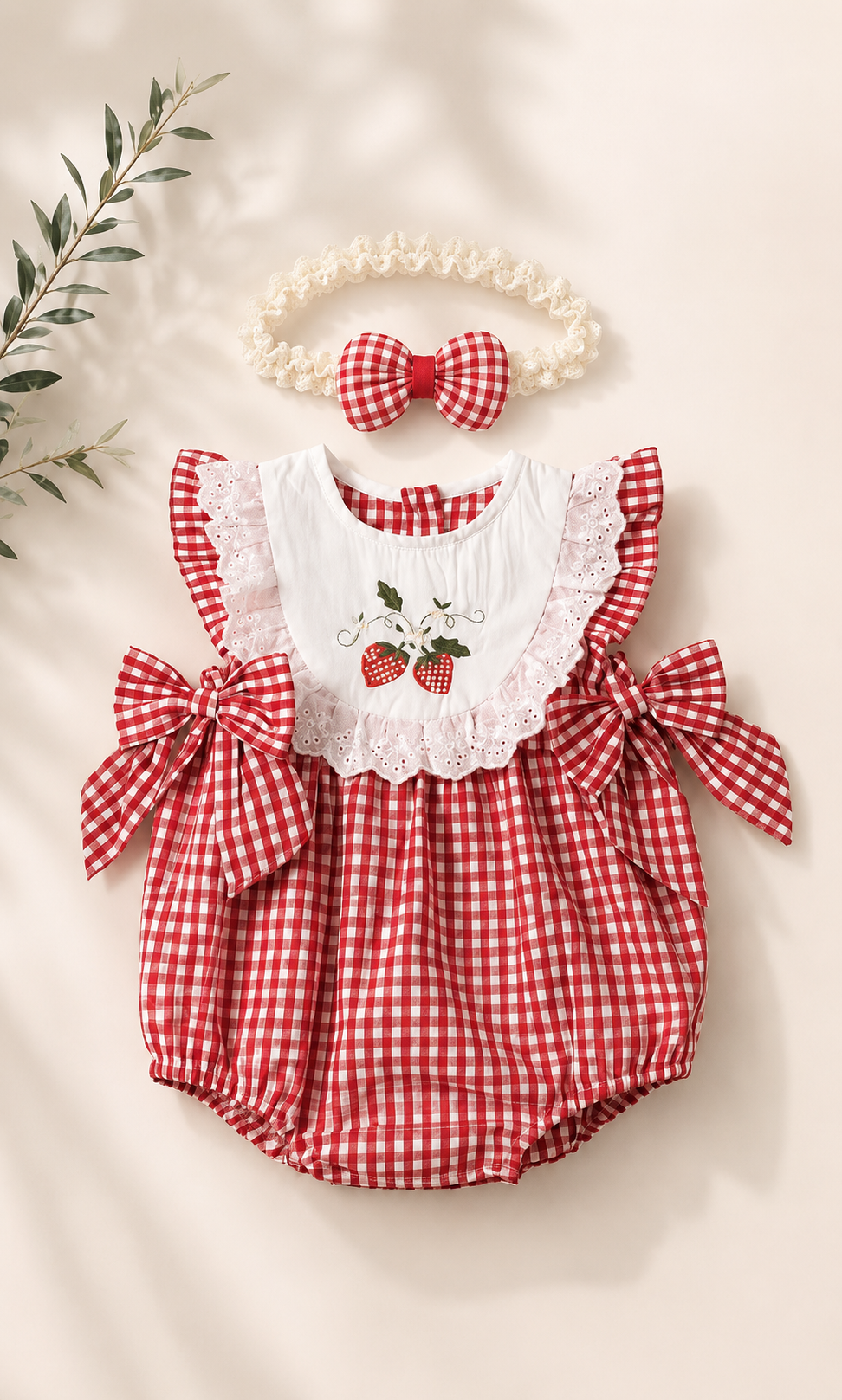 Soft & Breathable - Baby & Toddler -  Elegant Red Gingham Strawberry Embroidered Romper Dress With Matching Hairband