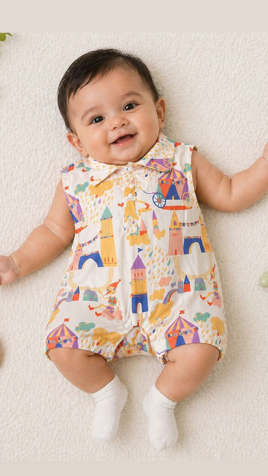 Soft & Breathable - Baby Boy Fantasy Castle Print Sleeveless Romper