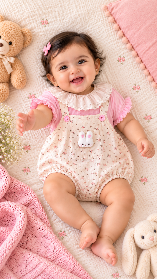 Girls Trendy Floral Romper Set with Peter Pan Collar Pink Ribbed Top