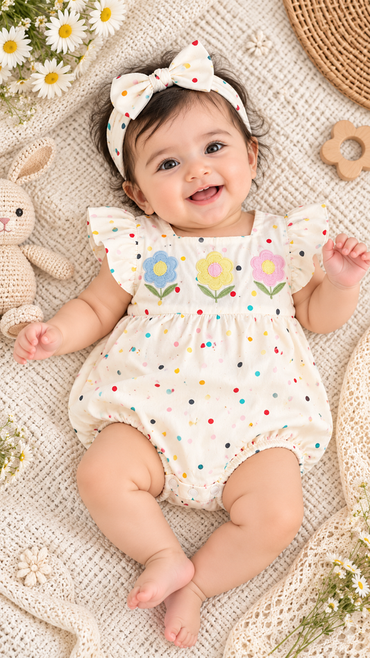 Soft & Breathable - Baby Girl Cotton Romper with Embroidered Flowers & Matching Bow Headband