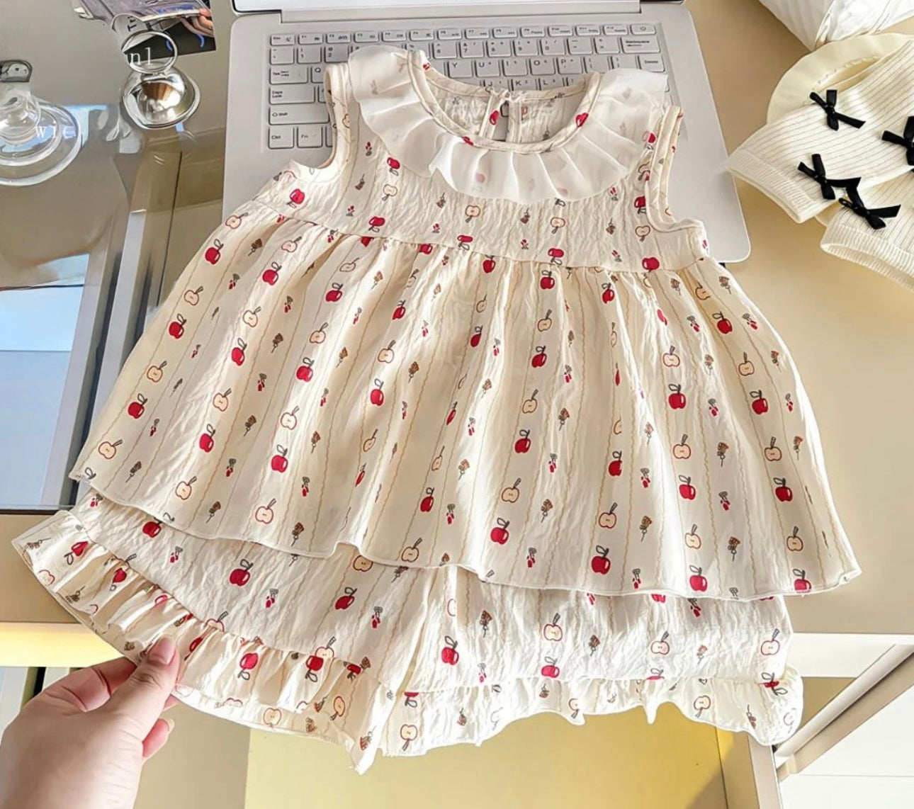 Girls Korean Style Cherry Print Frill Neck Co-Ord Set