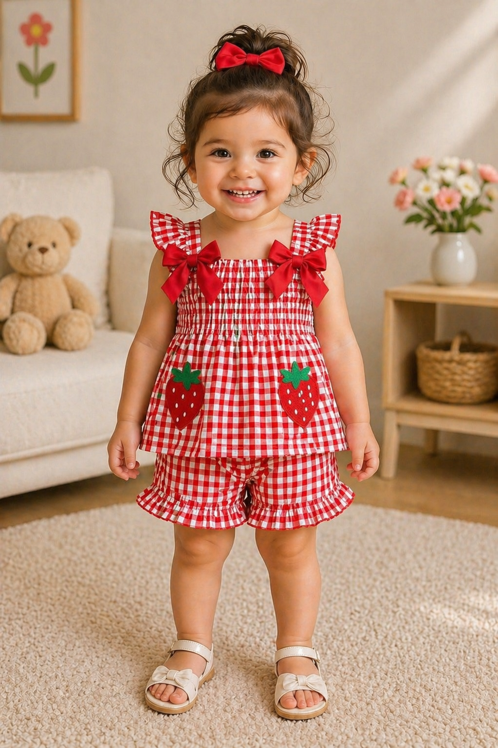 Girls Red Gingham Strawberry Bow Top & Ruffle Shorts Set