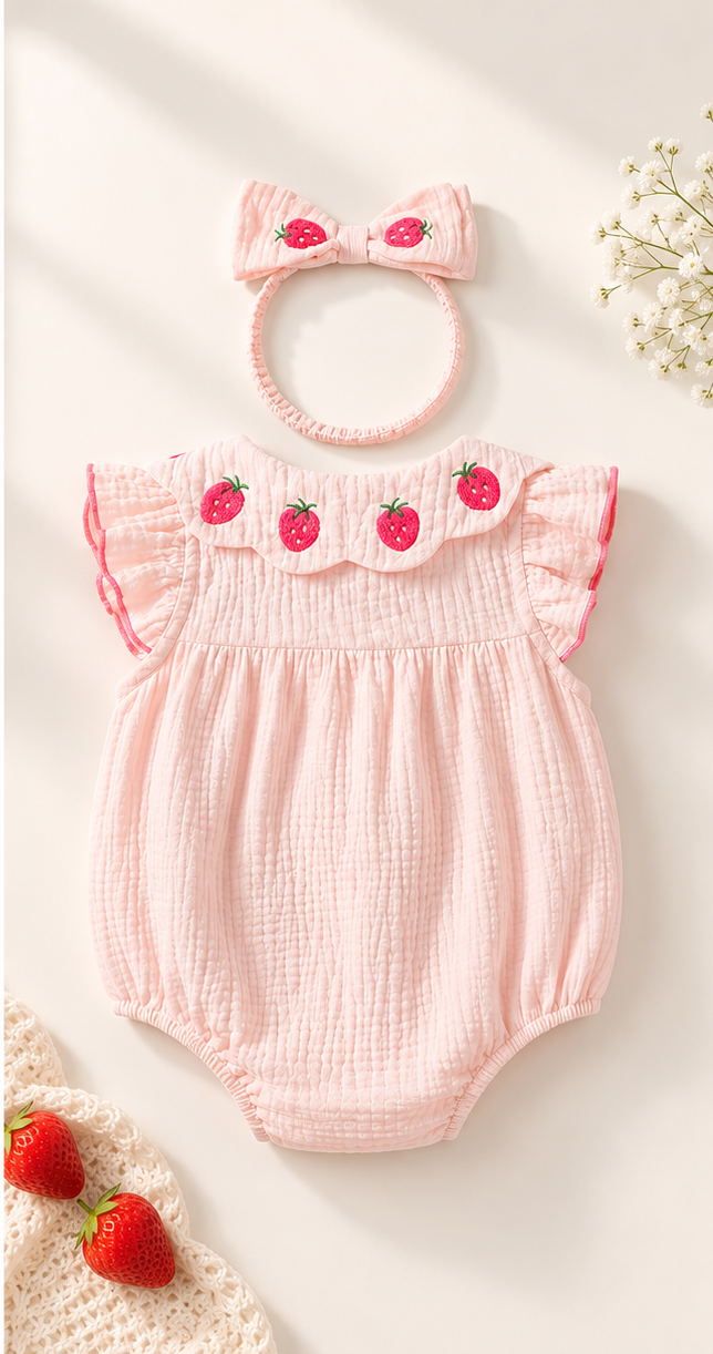 Soft & Breathable - 100% Organic Cotton Baby Girl Strawberry Embroidered Romper with Matching Headband