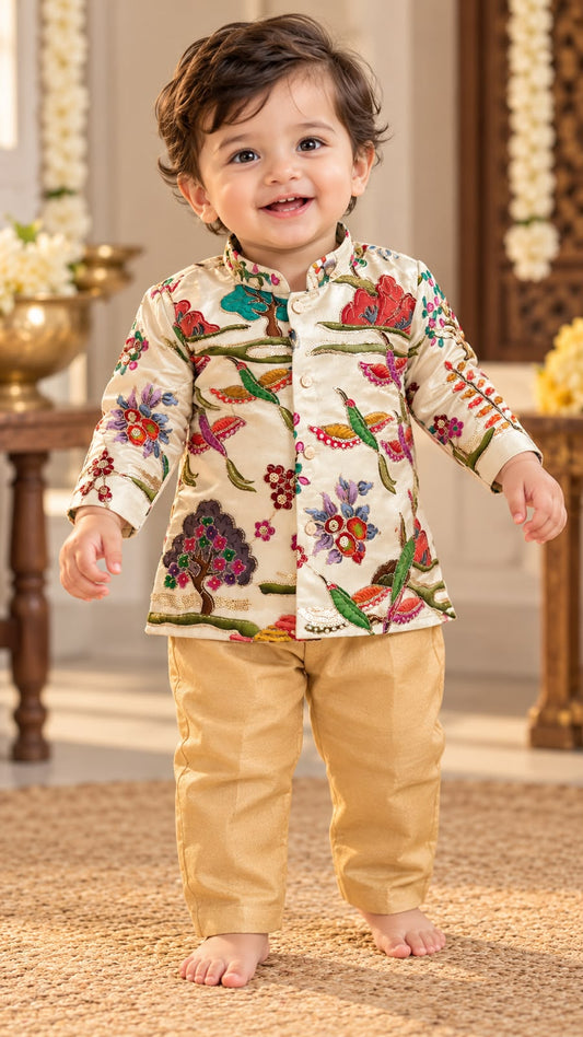 Soft & Breathable - Baby & Toddler - Elegant Ethnic - Ivory Garden Bird Embroidered Kurta Set