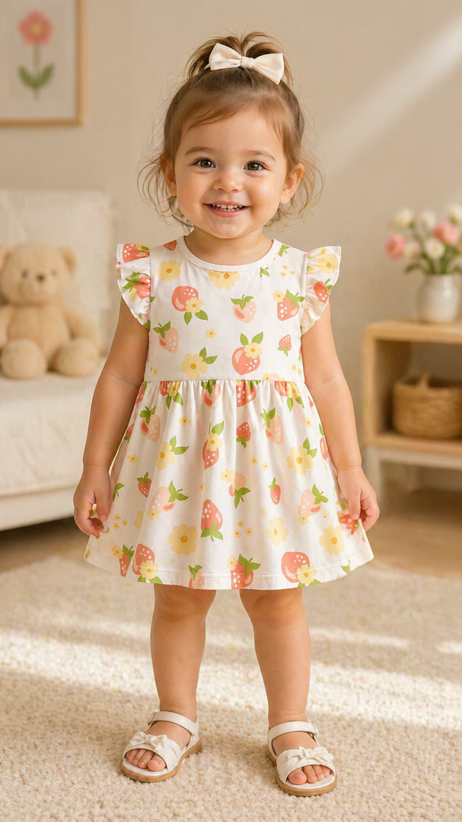 Girls Strawberry Floral Baby Dress with Ruffle Sleeves