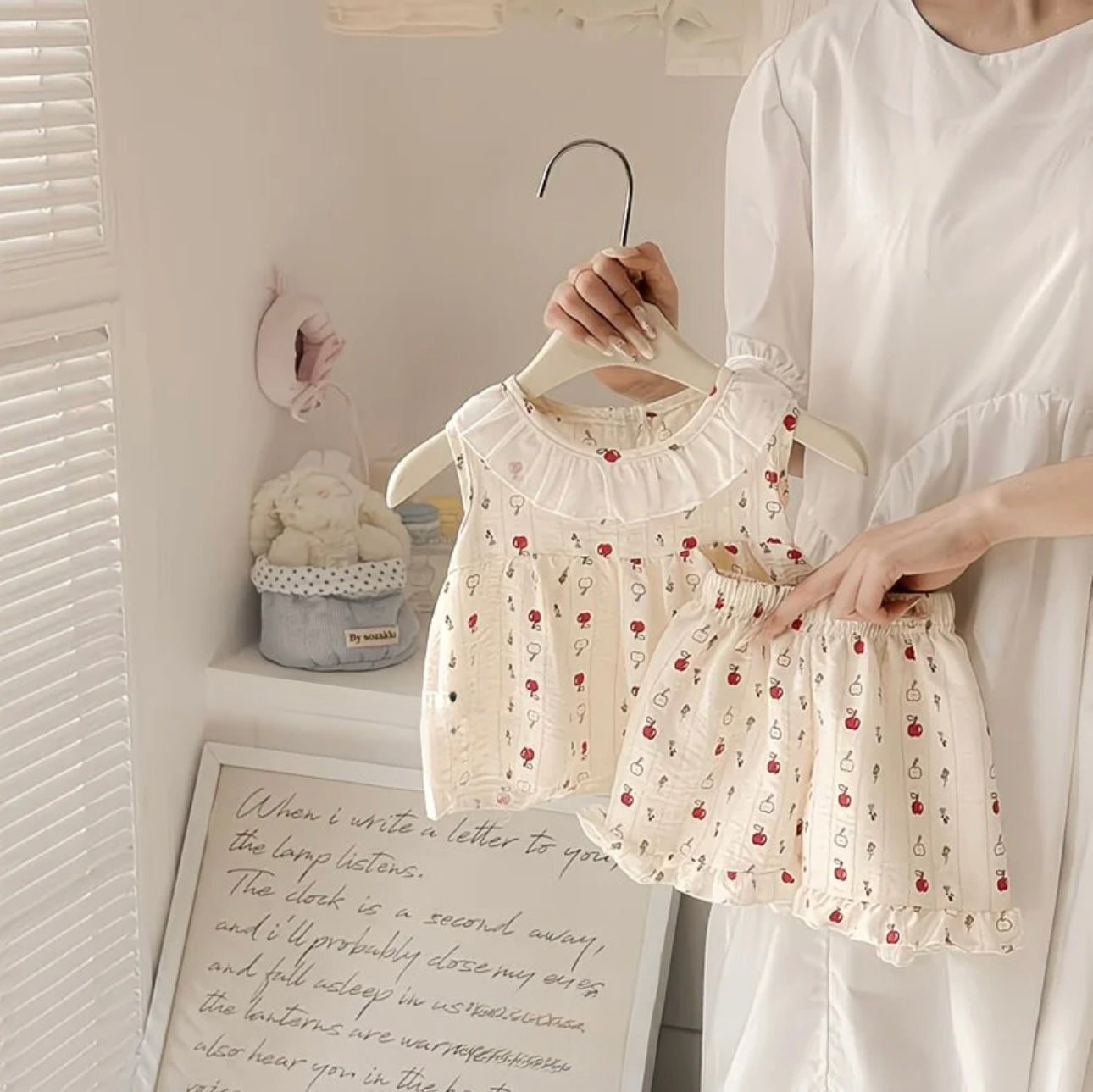 Girls Korean Style Cherry Print Frill Neck Co-Ord Set