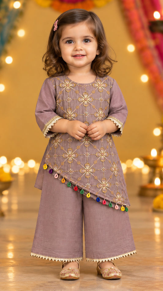 Girls Soft Ethnic - Soft Floral Embroidered Asymmetric Kurta & Palazzo Set – Dusty Lavender