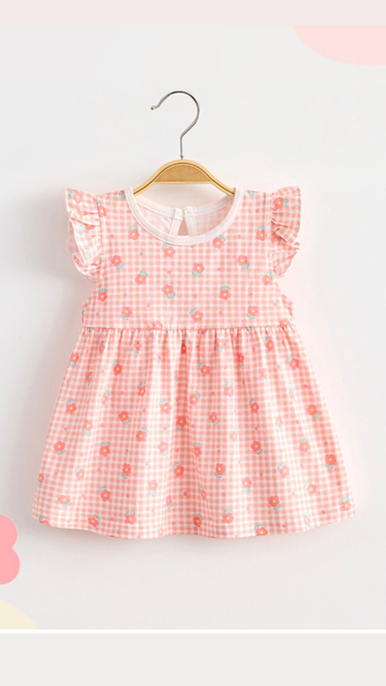 Girls Pink Gingham Floral Baby Dress with Ruffle Sleeves