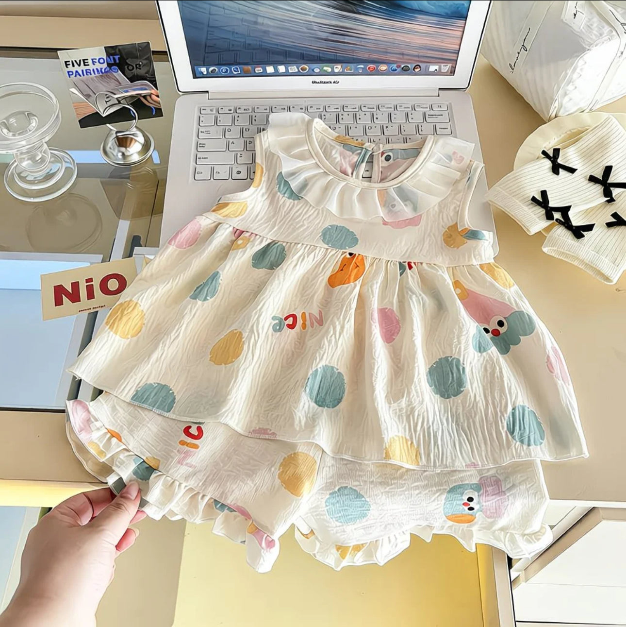 Girls Korean Style Polka Print Frill Neck Co-Ord Set