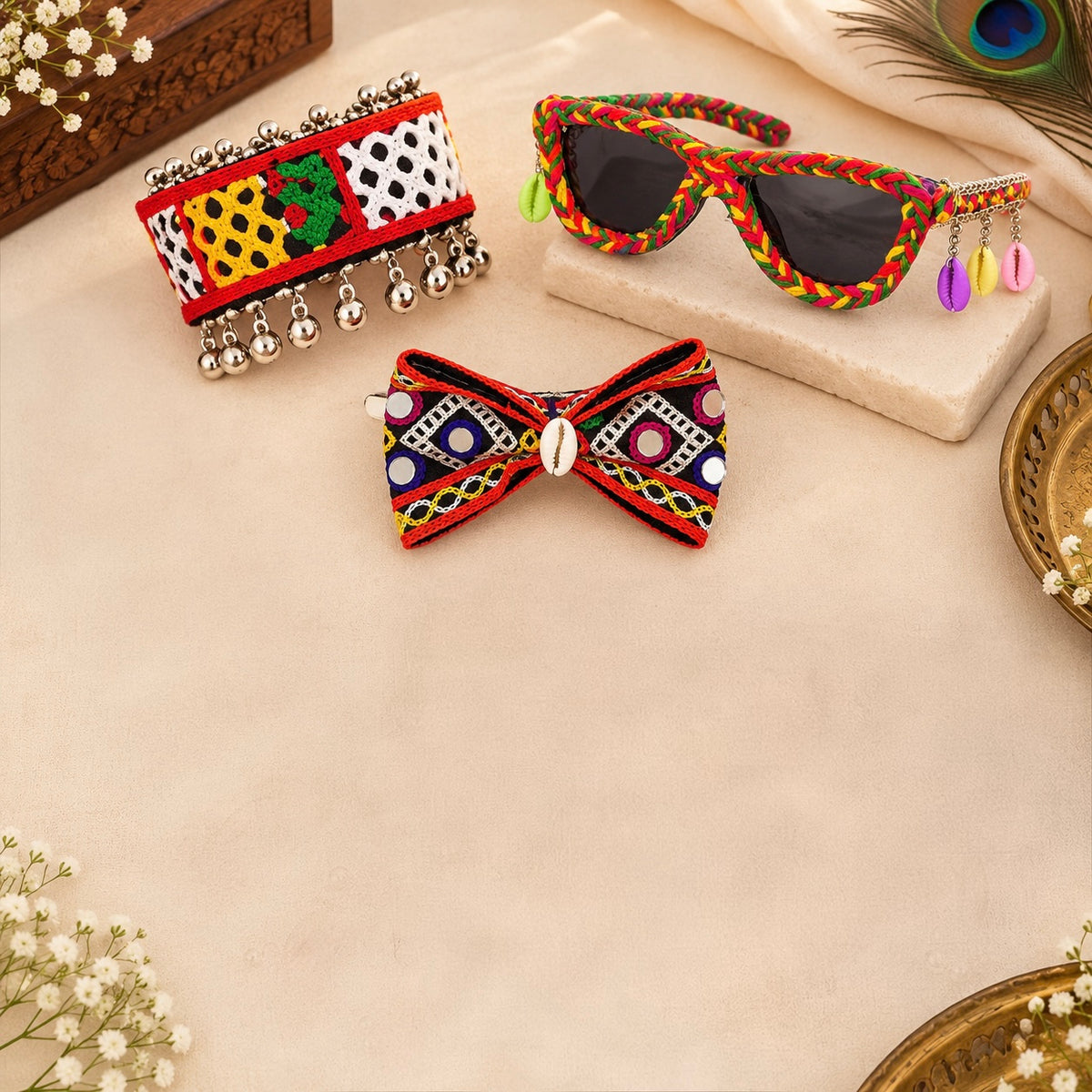 Girls Soft & Comfortable - Navratri Set with Matching Bow, Bangle and Glasses - Red & Black