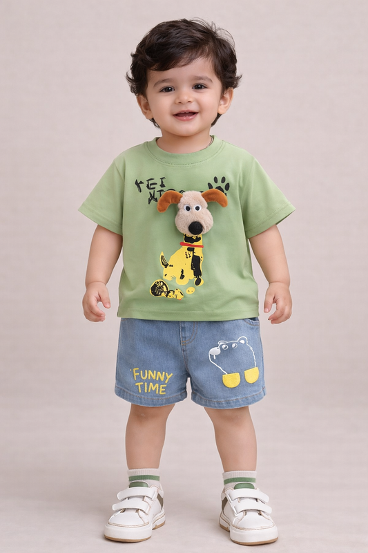 Kids Stylish 3D T-Shirt With Soft Denim Shorts - Green